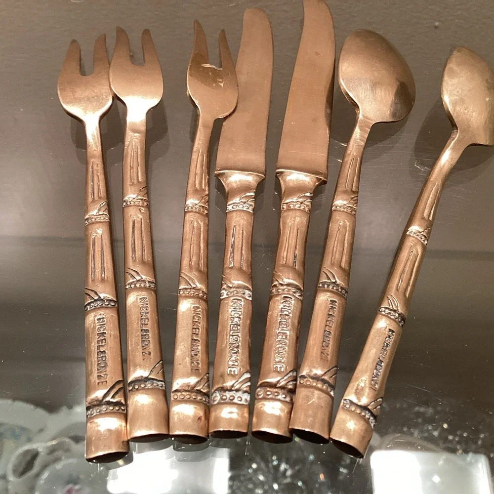 Thailand Nickelbronze Appetizer Cocktail Forks & Spoon Bamboo Design Set of 7
